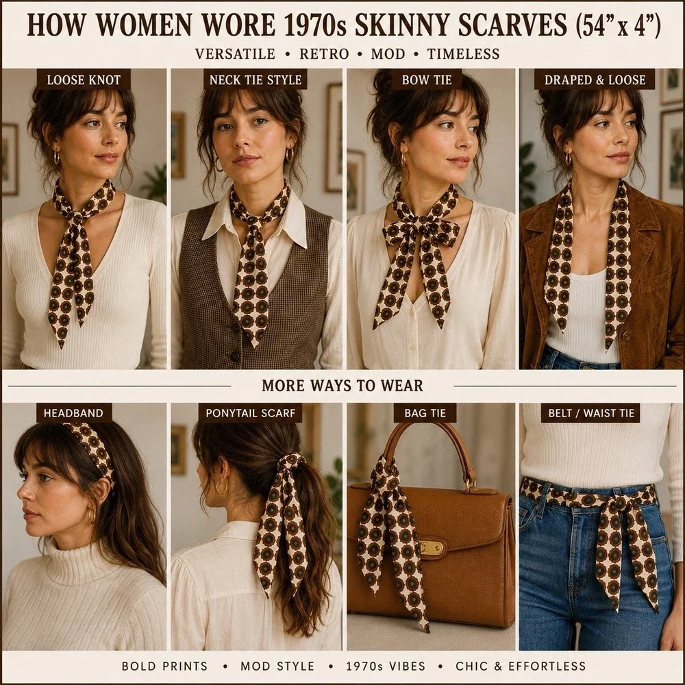 Vintage 70s Skinny Scarf 54x4 Brown Cream Geometric Mod Print Neck Tie Retro